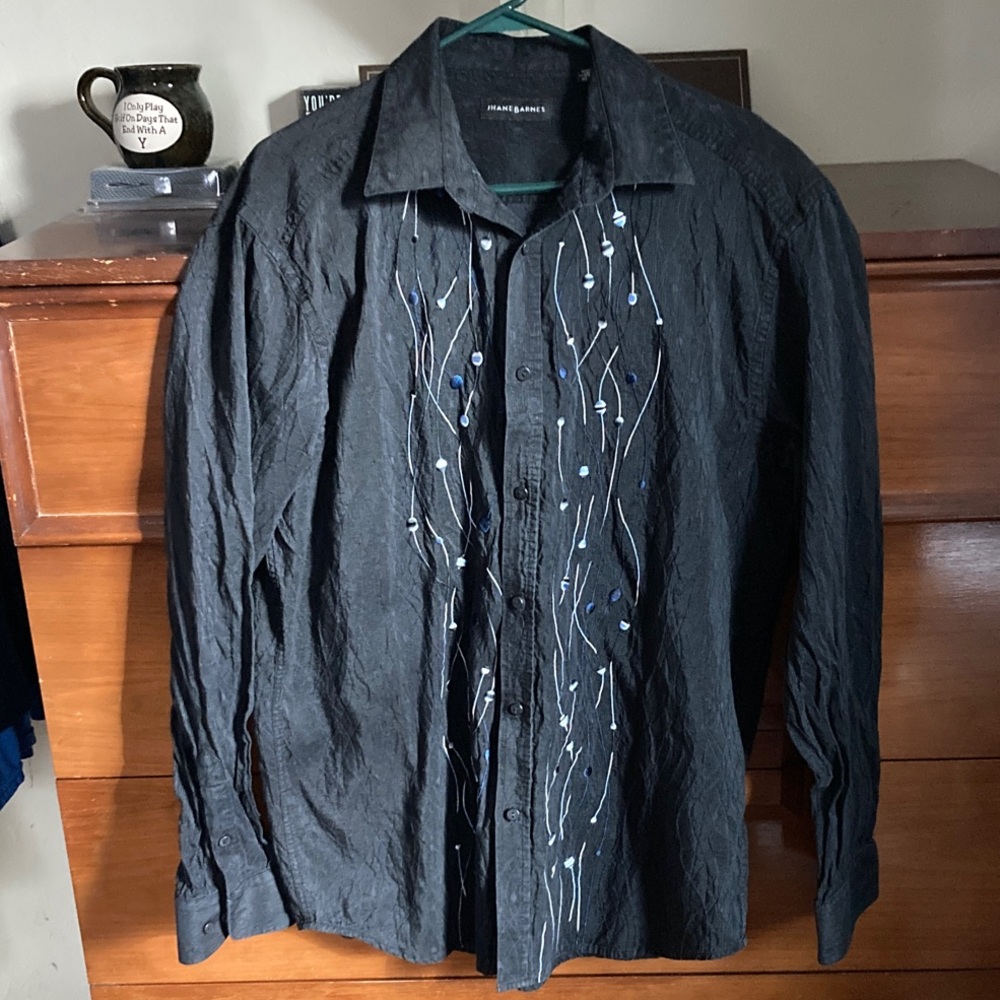 Jhane Barnes Black Shirt with Subtle Blue Accents